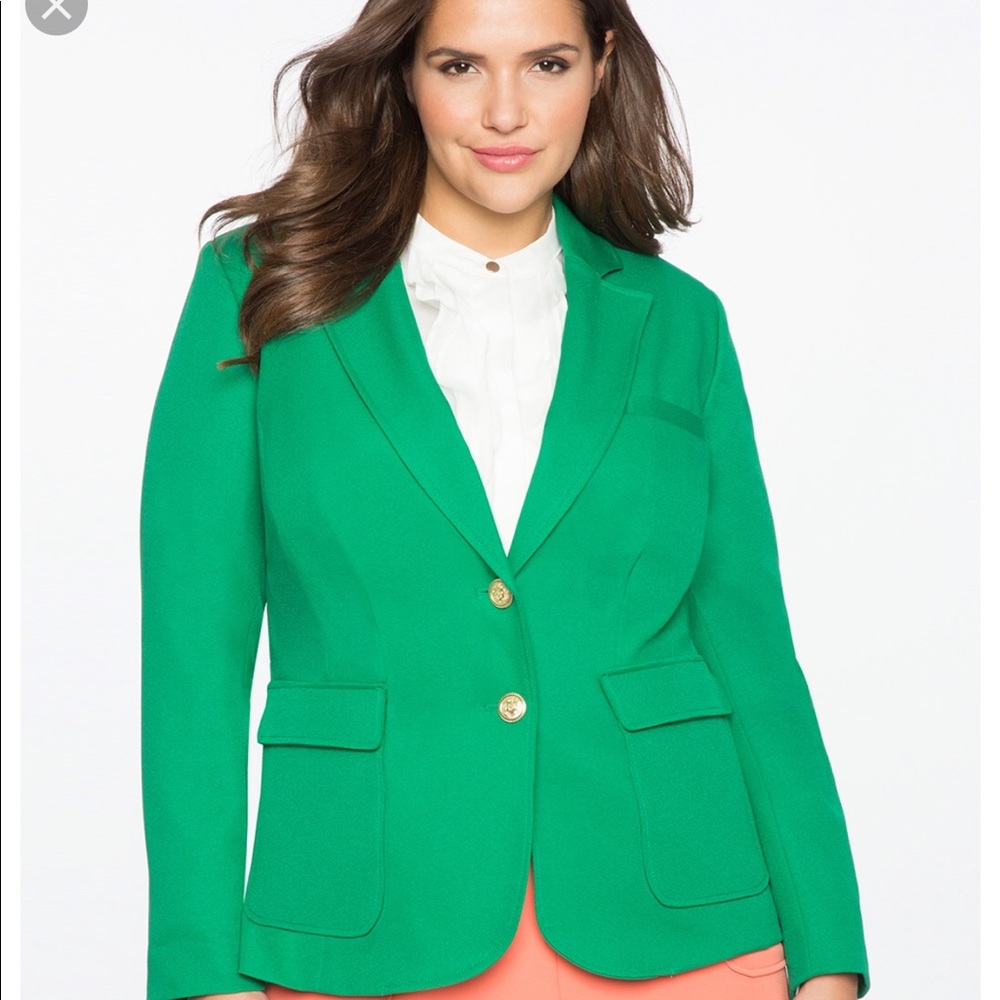 Eloquii green Quinn Blazer with gold buttons